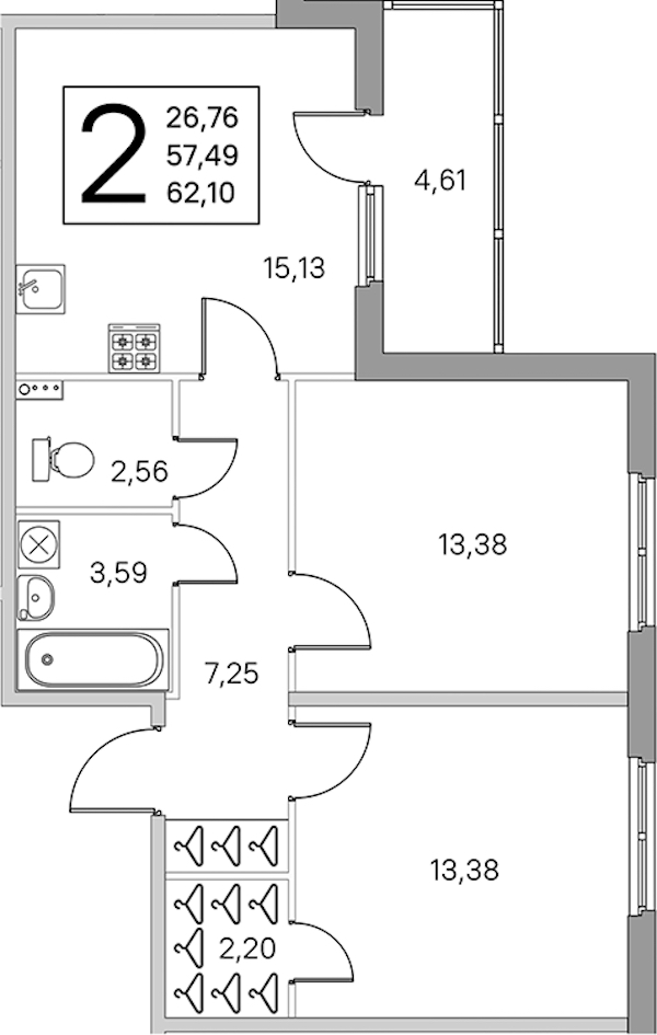 2-комнатная квартира 59.8 м², 1/4 эт., ЖК «Любоград в Стрельне»